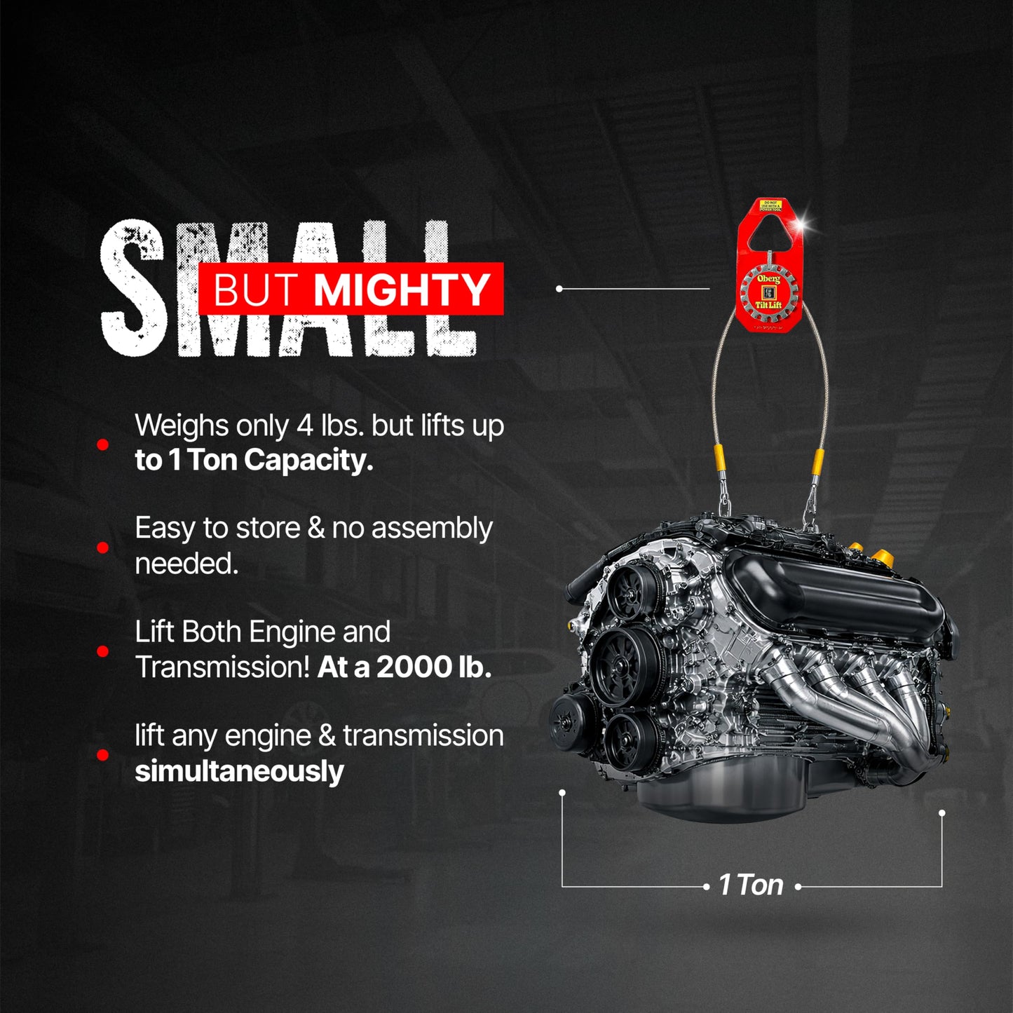 Oberg Tilt Lift Engine Leveler | Original Chainless Hoist Sling for Engine & Transmission Swaps | 1 Ton (2,000 lb) Capacity, 45° Tilt, One-Hand Ratchet Control, 3:1 Safety Factor