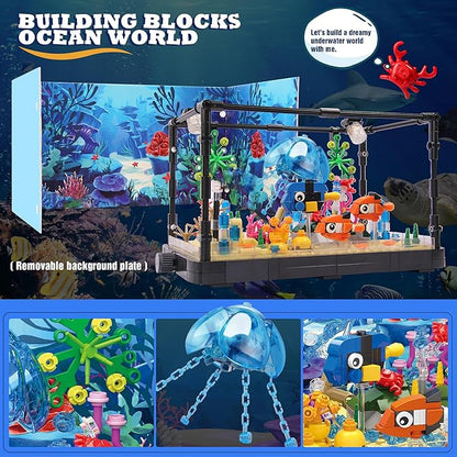 Jorumo Fish Tank Building Block Lighting Aquarium Building Sets for Adults and Kids Including Ocean Jellyfish Dolphin Turtle Crab Animal Building Toys for Boys Age 12+ 725pcs