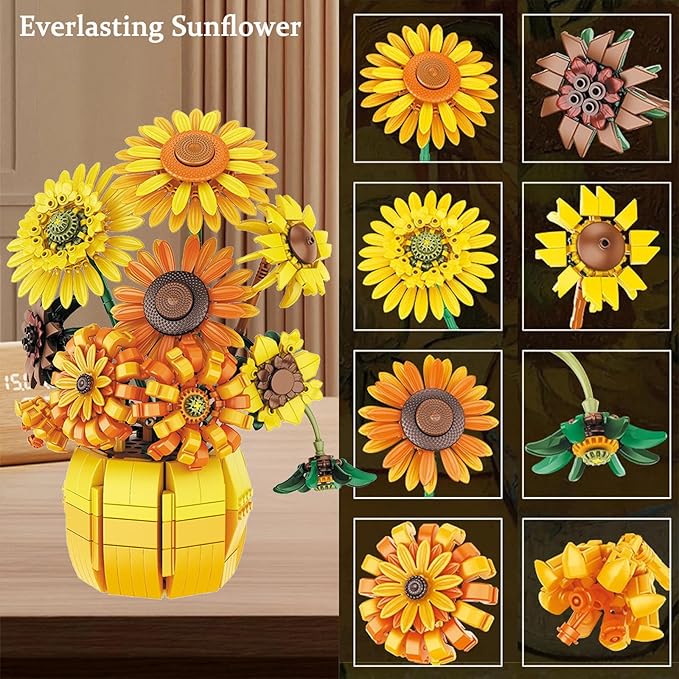 Flowers Building Set for Adults - Sunflowers Building Blocks with Vase 1009PCS Artificial Flowers Botanical Collection Gifts for Christmas Birthday Valentine's Day