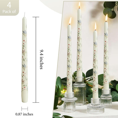 Hyacinth Printed Taper Candle Dripless Candles Sticks - 4 pcs Handmade White Taper Candle 10 inches Long Tapered Candles for Home Party Wedding Restaurant Holiday Decor