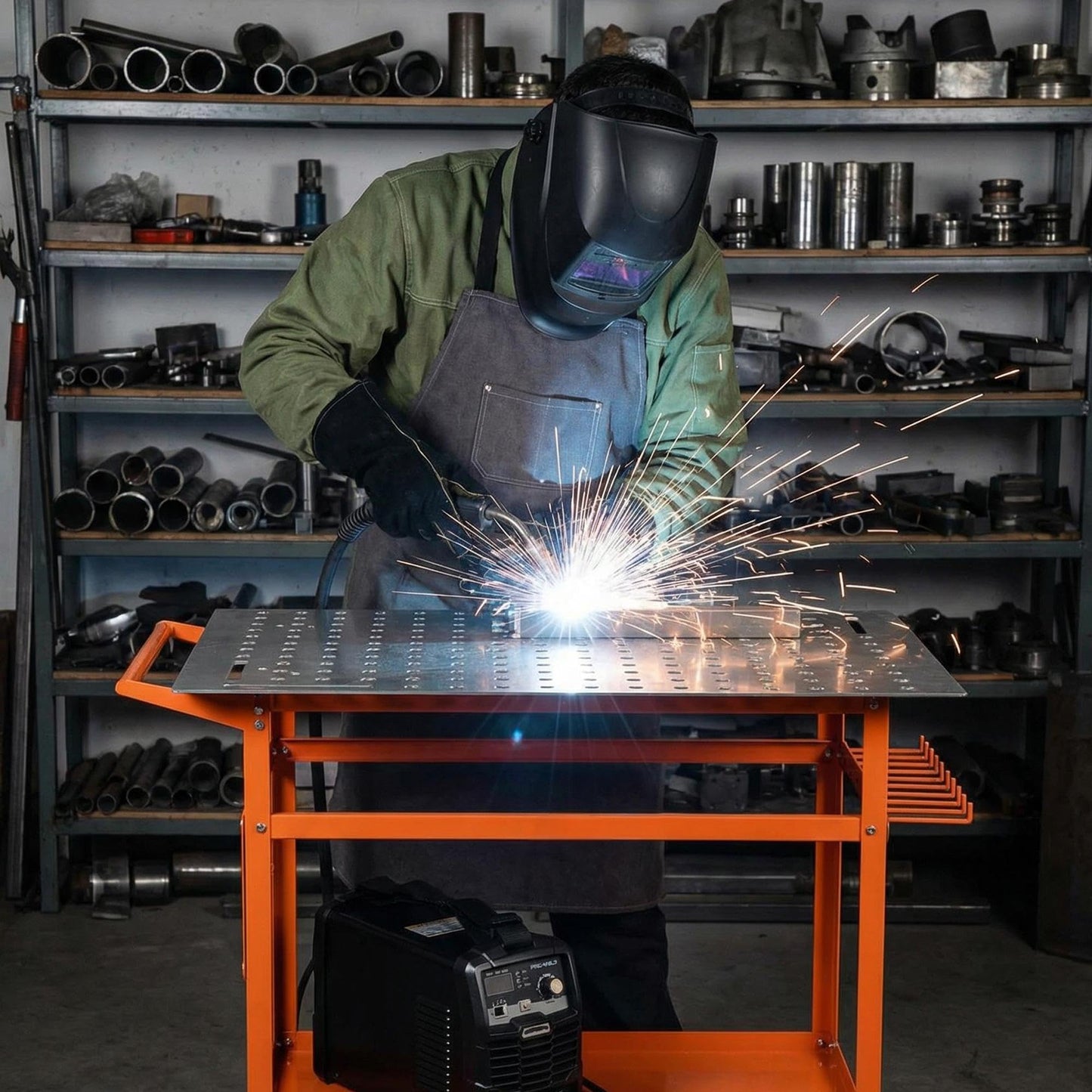 Welding Table, 36" x 24" Welding Workbench with 800LBS Steel Frame, Portable Welding Bench with 2 Brake Wheels & 4 Adjustable Feet, Side Hanging Board, 178 5/8" Fixture Holes for Garage Workshop