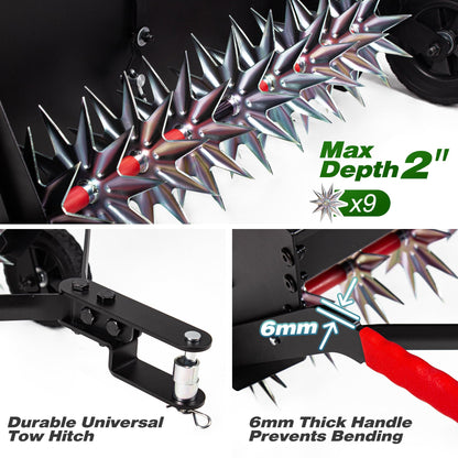 Suchtale Upgrade 40-Inch Tow Behind Spiker Seeder,Combination Tow Spike Aerator,Broadcast Spreader,Steel Hopper Lawn Drop Seed Fertilizer and Spreader,Lawn Soil Aerator Spikes Tractor