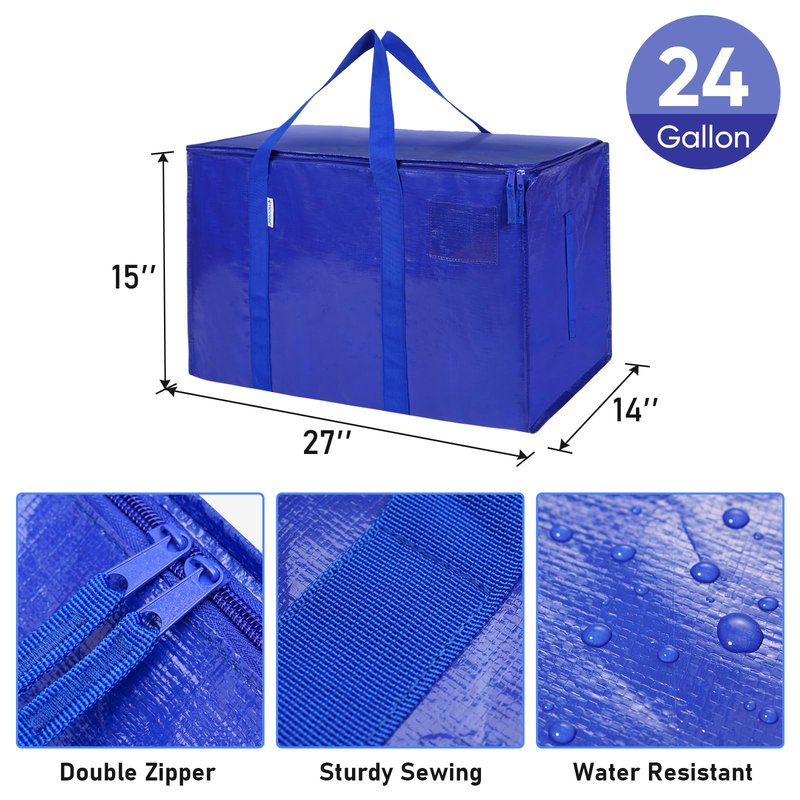TICONN 4 Pack Extra Large Moving Bags Heavy Duty with Zippers & Carrying Handles, Durable Storage Bags Moving Boxes for Closet Organizers and Storage (4 Pack, Sky Blue)
