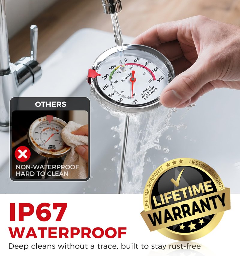 BOMATA 2-Pack Candy Thermometer with Pot Clip, Hands-Free Use, Waterproof IP67 and 2.5" Display Deep Fry Oil Thermometer with NSF Certified, for Cooking, Food, Turkey, BBQ, Grill... Mth400 Silver