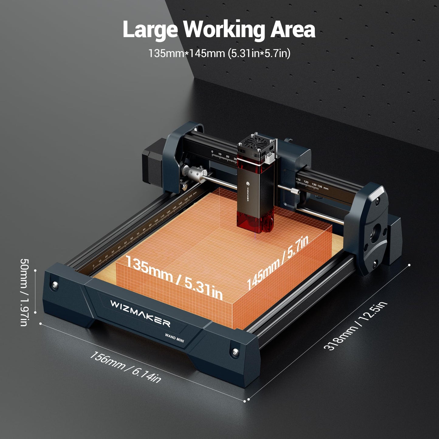 WIZMAKER Wand MINI 2.5W Laser Engraver, Compact Engraving Machine for Wood Acrylic Glass, 135×145 mm Working Area, High‑Precision 0.04 mm Spot, Beginner DIY Laser Cutter 2500mW