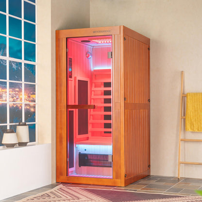 Woodbridge Infrared Home Sauna Room 1 Person Japanese Cedar Indoor Sauna with 7 Carbon Heaters, Red Light Therapy, Bluetooth Speaker, Intelligent Control Panel, Tempered Glass & Top Vent