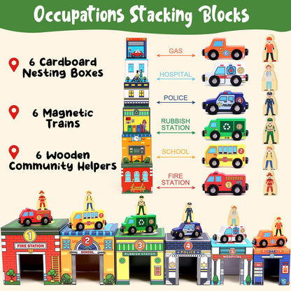 Atoylink Toddler Sorting and Stacking Toys with Magnetic Wooden Cars & Community Helpers, Baby Number Blocks Nesting Boxes Preschool Learning Montessori Toys for 1 2 3 Year Old Boys Girls Gift