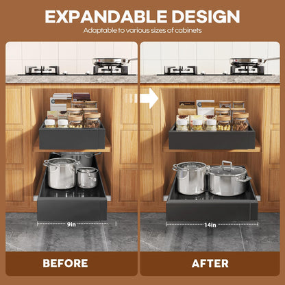 Seinloes 4 Pack Expandable Width (9"-14.1") Pull Out Cabinet Organizer 21" Deep with Raising Pad for Framed Cabinets, Upgrade 3 Slide Rails Slide Out Drawers, Roll Out Shelves Adhesive, Black