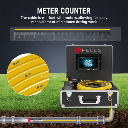 HBUDS Sewer Camera Self Leveling, 100ft Drain Pipe Cameras with Meter Counter, 12V 4500mAh Battery Plumbing Snake Camera with Light, 7" Color HD Duct Chimney Sewer Inspection Cam, DVR Recorder 16GB