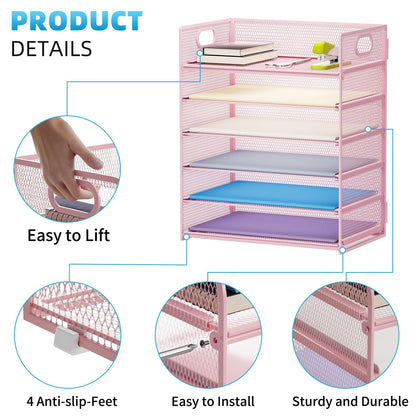 Marbrasse 2 Pack Desk Organizer with Handle, 6 Tier Paper Letter Tray, Mesh Desk File Organizer for Office, School and Home - Pink