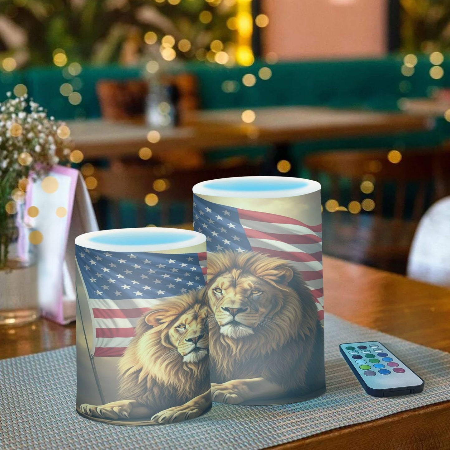 Grgvtei Flameless Candles American Flag Lion Flickering LED Pillar Candles with Remote & Timer, Battery Operated Set of 2 Warm Glow for Wedding Party Home Decoration