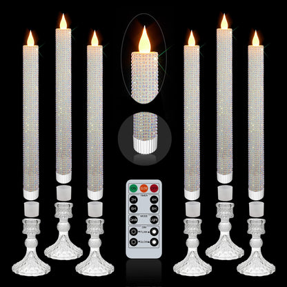 MISSTIME Flameless Taper Candles with Illuminated Glass Candle Holder, Remote Timer 2AA Battery Operated for Thanksgiving/Xmas Decor, Wedding Centerpiece (Crystallized-Brilliant, 6 Pack)