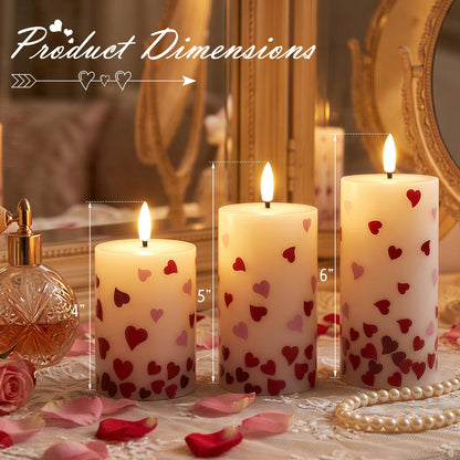 JOIONE Flameless Pillar Candles with Remote, 3 Pack Battery Operated Real Wax LED Candles, Perfect for Home Decorations Fireplace Table, Heart Sticker