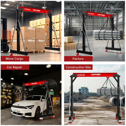 LDHTHOPI 3 Ton Gantry Crane, 6600LBS Adjustable Gantry Crane with 8.53-12.47ft Height, Shop Lift Hoist with Manual Trolley, Hook & Shackles for Warehouse, Factory,Auto Repair & Construction, Red