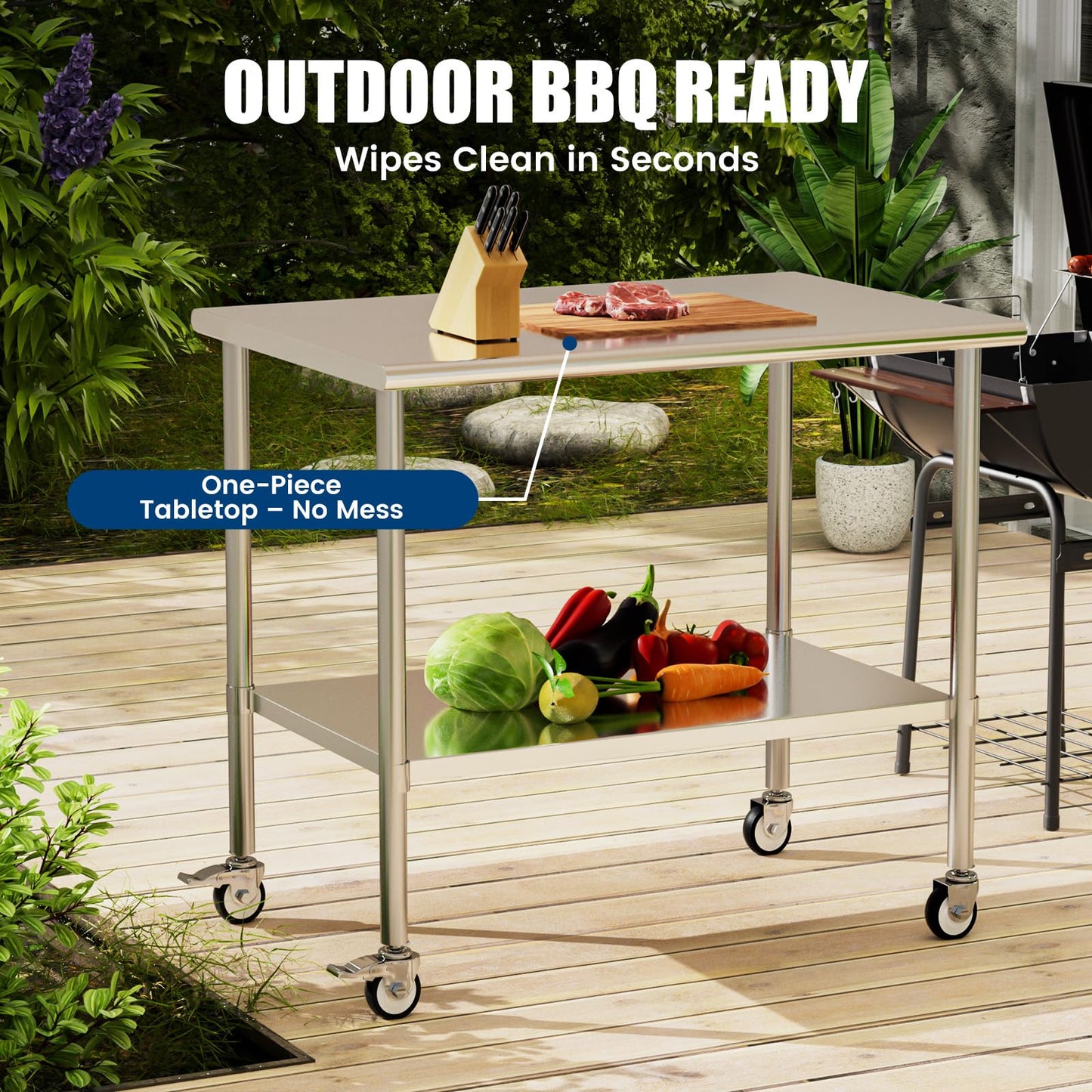 Chingoo Stainless Steel Work Table with Wheels, 30x48 Inch NSF Kitchen Prep Table with Adjustable Undershelf for Commercial Restaurant, Garage, Outdoor BBQ