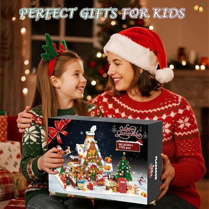 2025 Christmas Gingerbread House Courtyard Mini Building Set with Lights Christmas Village Building Block Toy with Santa Xmas Tree Holiday Train Gift for Adults Boys Girls 14+ (1763PCS)
