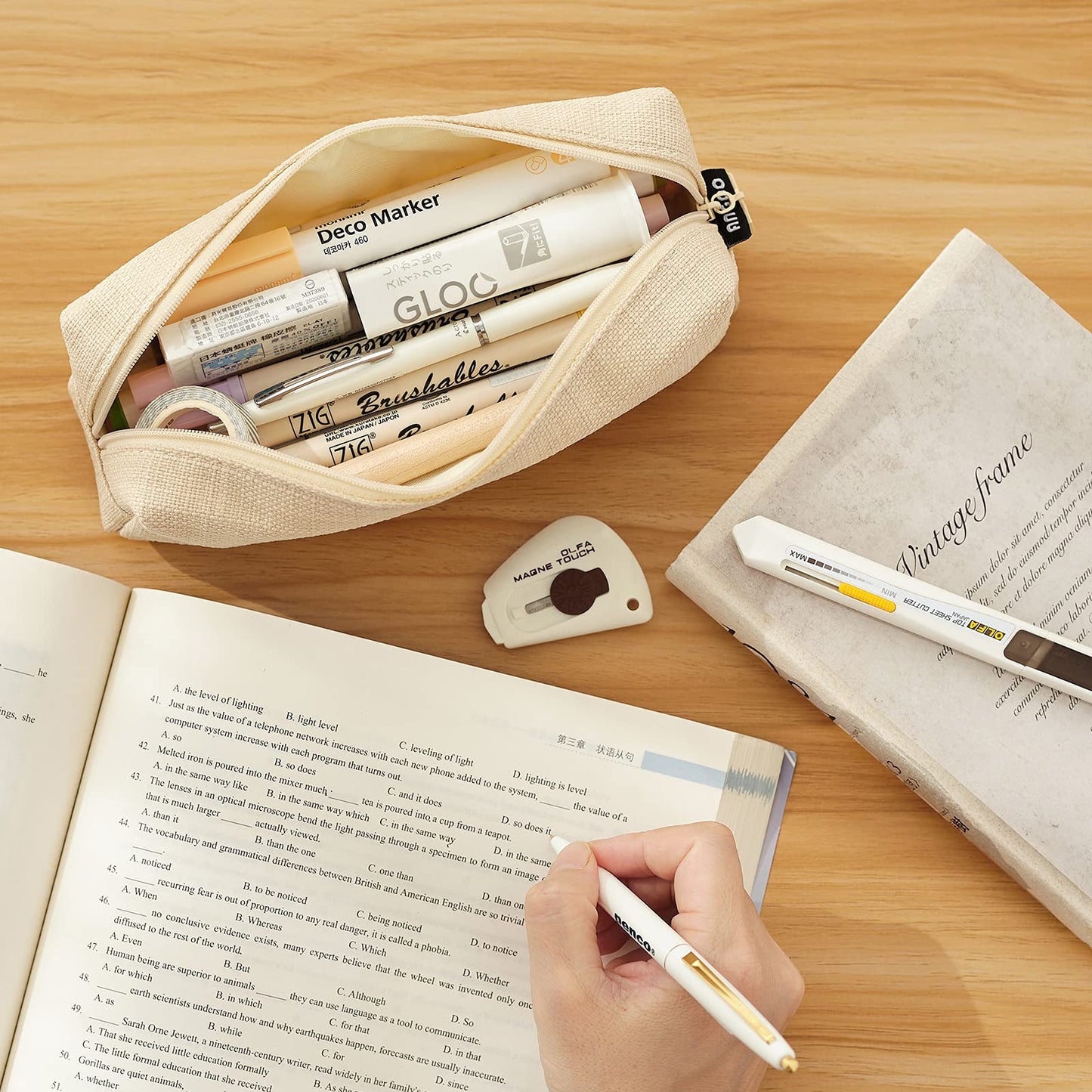 ANGOOBABY Small Pencil Case Student Pencil Pouch Coin Pouch Cosmetic Bag Office Stationery Organizer For Teen School-Beige