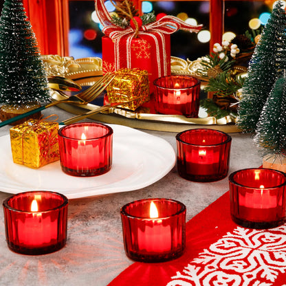 Mumufy 50 Pcs Glass Tealight Candle Holder Ribbed Votive Candle Holder for Centerpiece Wedding Proposal Spa Aromatherapy Meditation Home Decor (Red)