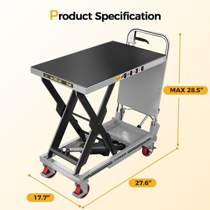 CAMMOO Hydraulic Lift Table Cart, 500lbs Capacity, 28.5" Lifting Height, Single Scissor Lift with Non-Slip Pad & Safety Guard Foldable Handle for Material Handling and Transportation, Gray