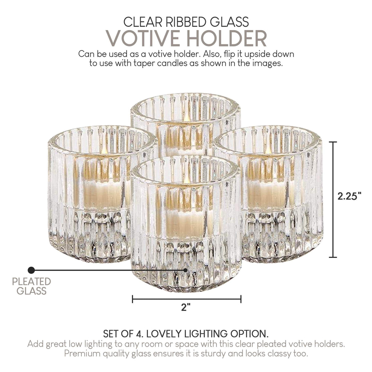 Serene Spaces Living Set of 4 Clear Ribbed Glass Votive Holders, Perfect for Weddings and Home Décor, Measures 2.25" Tall and 2" Diameter