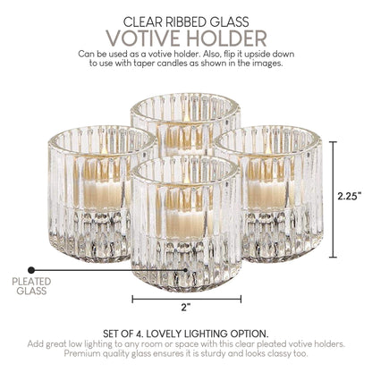 Serene Spaces Living Set of 4 Clear Ribbed Glass Votive Holders, Perfect for Weddings and Home Décor, Measures 2.25" Tall and 2" Diameter