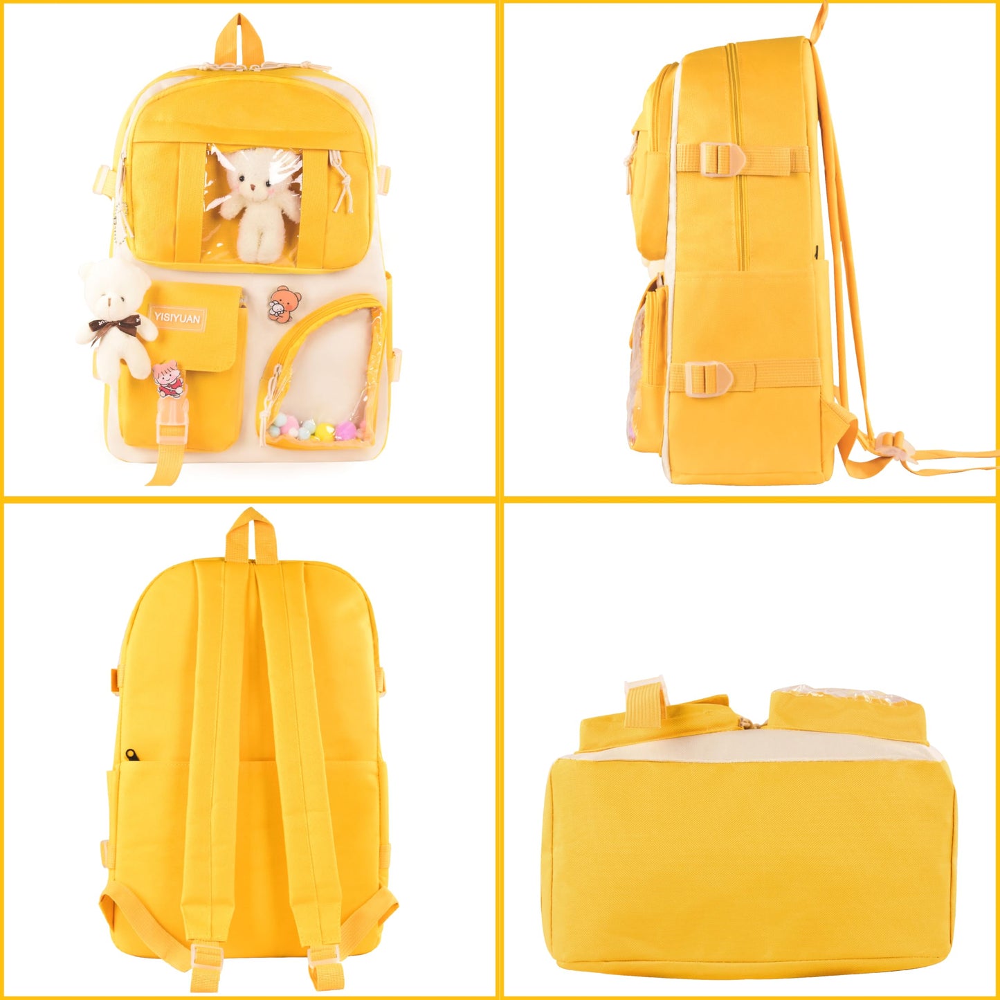 Lifelix Kawaii Backpack for Girls 5 Pcs School Bookbag Cuet Kids Schoolbag with Accessories Crossbody Bags Pencil Case Handbag Coin Purse (Yellow)