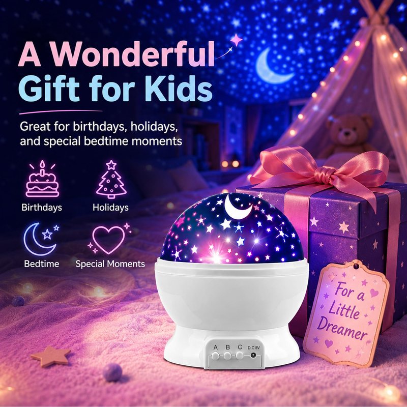 MOKOQI Star Projector Night Lights for Kids, Birthday Gifts for 3 4 5 Year Old Girls and Boys, Projection Lamp for Kids Bedroom Ceiling, Stars and Moon for Child Asleep Peacefully (White)