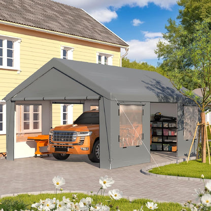 EROMMY 13x20FT Heavy Duty Carport, Portable Garage Shelter with Roll-Up Windows, Removable Sidewalls and Doors, Outdoor Storage Canopy for Car, Truck, Boat, RV, Trailer, Outdoor Gray and Inner White