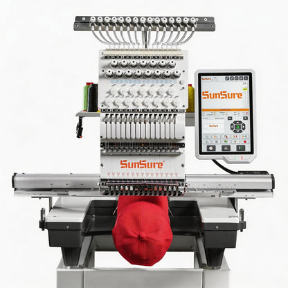 SUNSURE 15-Needle Super Silent Commercial Embroidery Machine, 24″ x 16″ Large Embroidery Area, 1200 SPM Speed, 12 inch Touchscreen, 3D&2D Cap,flat System Included, Pattern Free Design Support