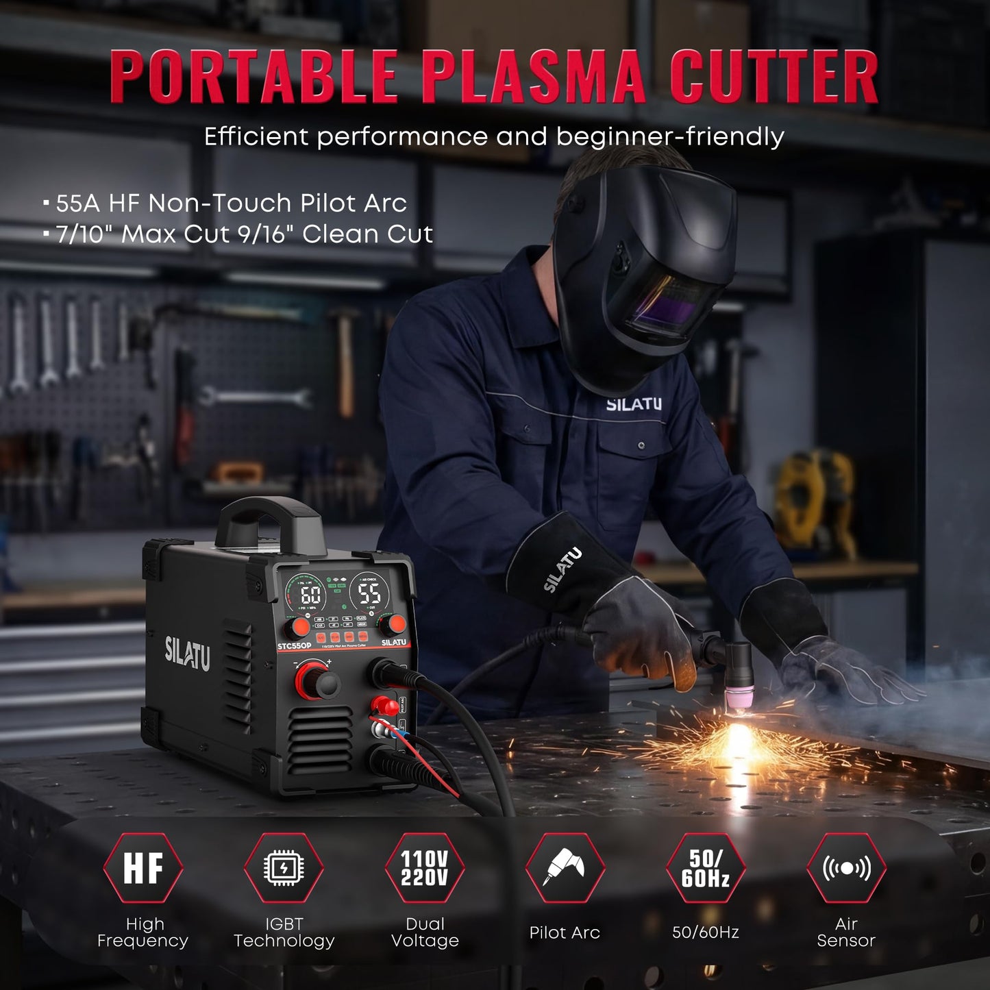 SILATU Plasma Cutter, STC550P 55Amps Pilot Arc Plasma Cutter Machine, 110/220V Dual Voltage LED Display Air Sensor, 9/16'' Clean Cut 7/10'' Max Cut, Mesh Cutting, PT/2T/4T for Beginners DIY (Black)