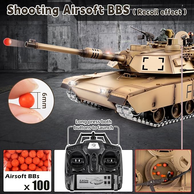 1/16 RC Tank Heng Long US M1A2 Abrams Army Toy with Smoke Sound and Lights Remote Control Tank That Shoots with Upgraded Metal Tracks Idler and Sprocket Wheel Steel Gearbox Batteries*2