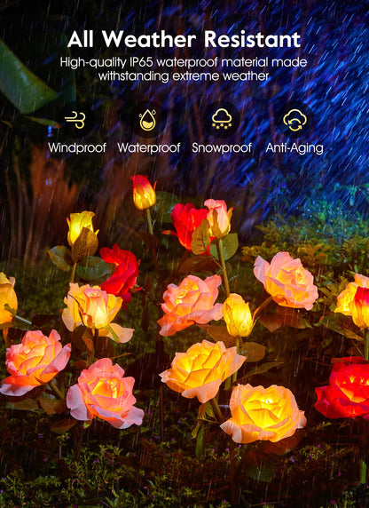 Garden 4 Pack LED Solar Flower Lights with Larger & More Realistic Rose Flowers, Bigger Solar Panel, Waterproof Solar Outdoor Lights for Yard Patio Lawn Pathway Walkway Decoration