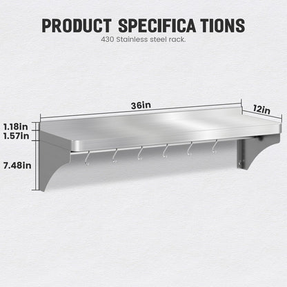 Commercial Stainless Steel Shelf 36" x 12" - 250lb Load Capacity, Heavy Duty Stainless Steel Wall Mounted Kitchen Shelf with Backsplash & 6 Hooks for Restaurant, Laundry