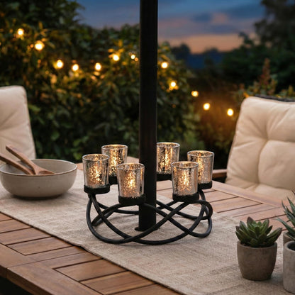 Seraphic Centerpieces for Table Decorations - Round Candle Holders for Outdoor Patio, Dining, Kitchen, Coffee & Wedding Table Decor, Black Iron Candelabra, 6 Silver Glass Votive Tealight Cups