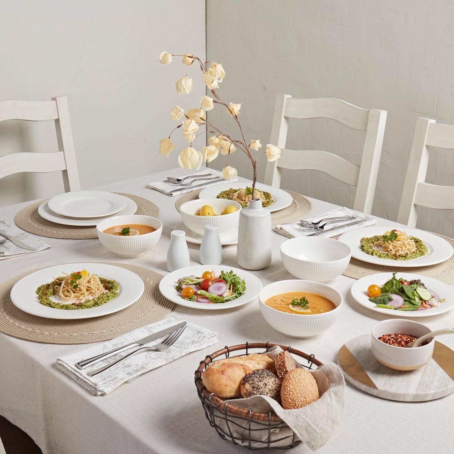 Tabletops Gallery Embossed Bone White Porcelain Round Dinnerware Collection- Chip Resistant Scratch Resistant, Fleur 12 Piece Dinnerware Set (Dinner Plate, Salad Plate, Cereal Bowl)