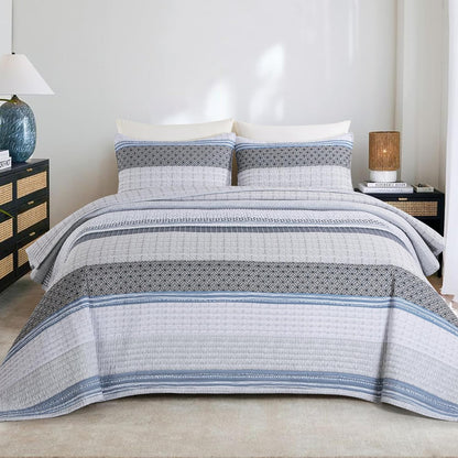 HOMBYS Stripe Oversized King Quilt Sets 128"x120", 3 Pieces Bedspread Set White and Light Blue Patchwork Coverlet, Soft and Lightweight Quilted Bedding Set for All Season-1 Quilt & 2 Pillow Shams
