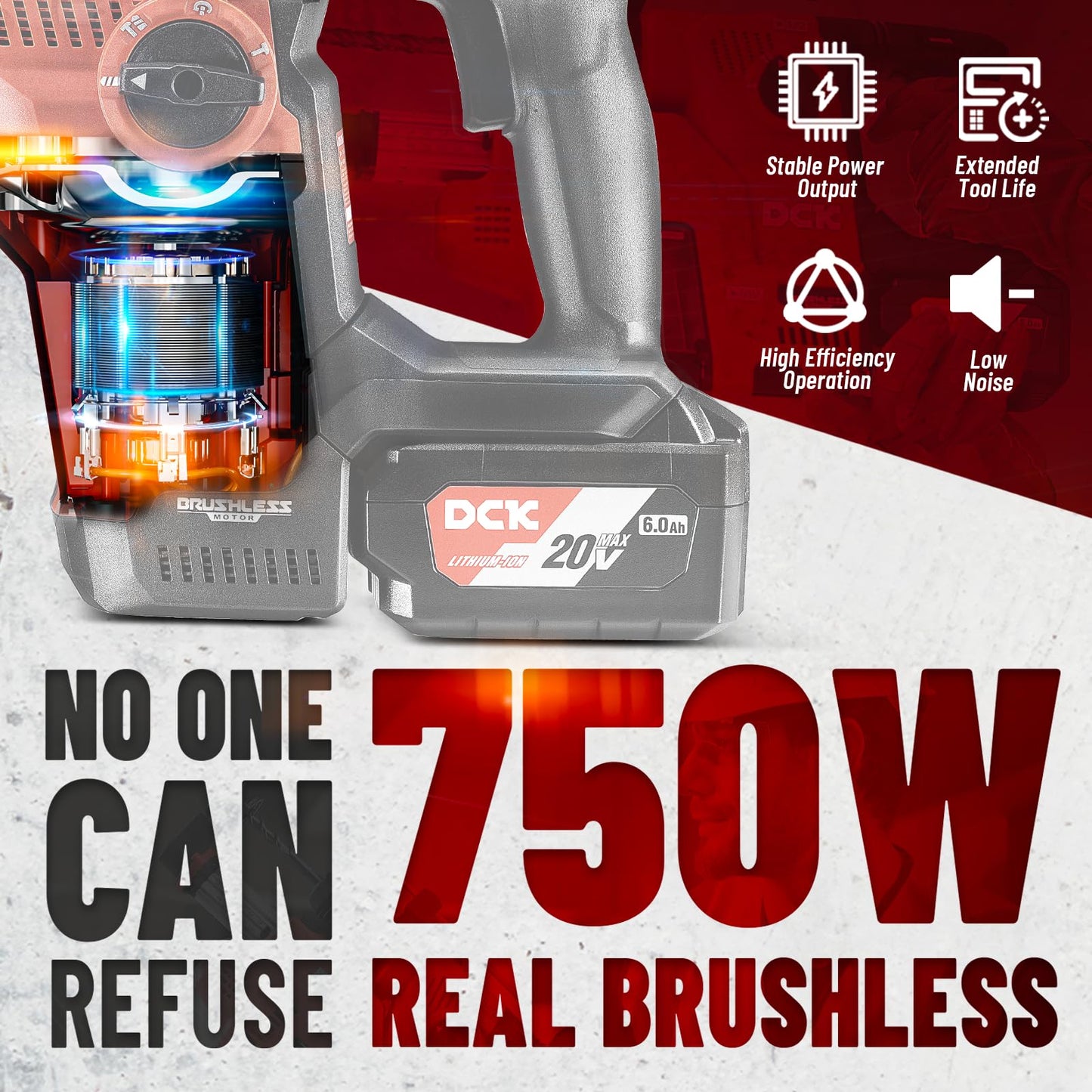 DCK 20V Cordless Rotary Hammer with Dust Collector, 15 in³ Dust Collection Box, 5-Inch Stroke, 2.8J Impact Energy, Brushless SDS Plus Hammer Drill with 6Ah Battery 4A Charger 4 Drill Bits 2 Chisels