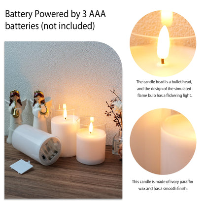 JHY DESIGN Set of 3 Glass Wax Flameless Candles 3D LED Candles White Wax Flickering Battery Candles with 8-Key Remote Control Timer for Home Wedding Party Christmas(Pivoted Flame-Shaped Tip)