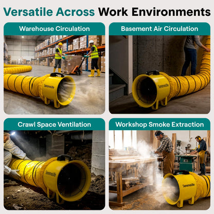 SereneLife Heavy Duty Cylinder Fan 12 inch,Blower Fan with 3200 CFM Airflow, 25ft PVC Ducting, Industrial Exhaust for Warehouses, Workshops, Crawl Spaces, & Basements, Smoke & Odor Removal