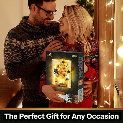 JMBricklayer Flowers Sunflower Building Sets for Adult with Lights 70004 Van Gogh Wall Art Crafts Ideas Flower Bouquet Painting Frame Room Decor Valentine’s Day Birthday Gifts for Women Girl