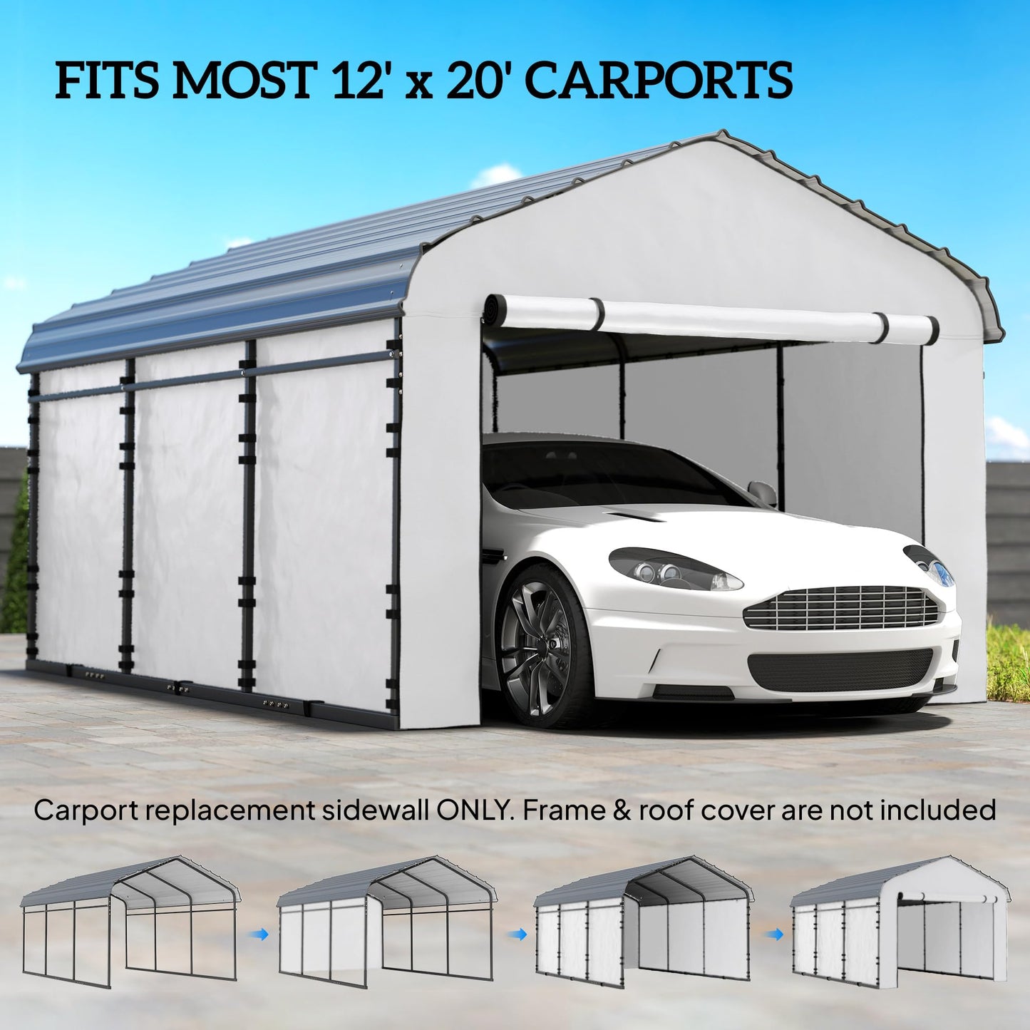 Outsunny Carport Replacement Sidewall Panels Set of 4 for 12' x 20' Carports, UPF50+ Waterproof PE Tarp Replacement Side Wall Cover with Zipper Door, Top Cover and Frame Not Included, White