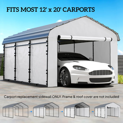 Outsunny Carport Replacement Sidewall Panels Set of 4 for 12' x 20' Carports, UPF50+ Waterproof PE Tarp Replacement Side Wall Cover with Zipper Door, Top Cover and Frame Not Included, White