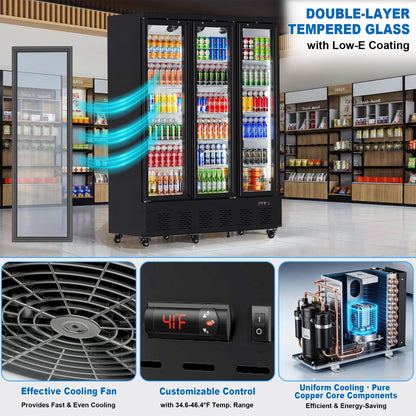Ferueo 45 Cu.Ft Commercial Beverage Refrigerator, 2 Glass Door Merchandiser Refrigerator with Lock, Upright Reach-in Display Cooler for Restaurant, Bar and Grocery, 10 Adjustable Shelves, 32°F-47°F