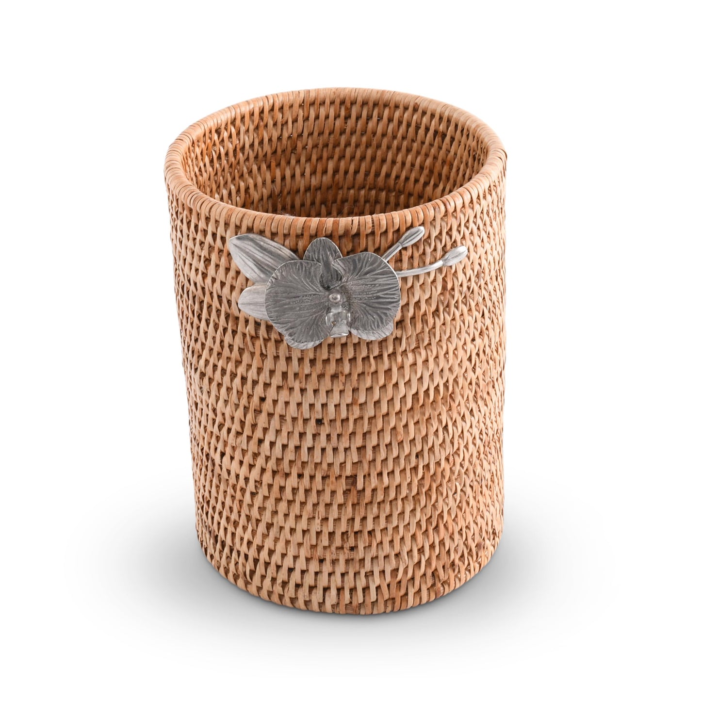 Vagabond House Wicker Rattan Utensil Holder, 8 Inches Tall, Large Kitchen Organizer with Pewter Orchid, Woven Boho Decor for Practicality and Style
