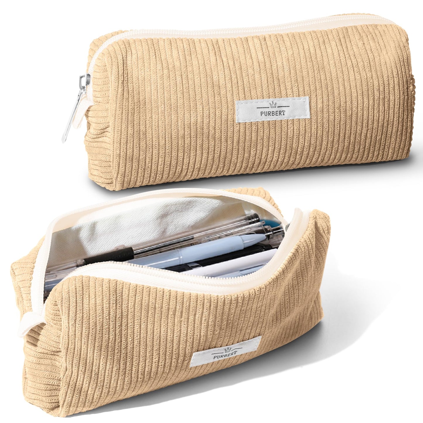 Purbert Pencil Bag Pen Case, Soft Corduroy Small Pencil Pouch Organizer with Zipper, Cute Pencil Case Pouch Stationery for Girls and Boys – Apricot