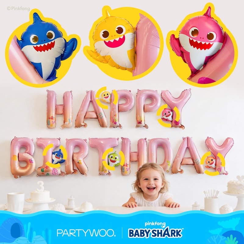PartyWoo Baby Shark Family Foil Balloons 37pcs Baby Shark Family Pink Round Star Mylar Happy Birthday Letter Balloons for Boys and Girls Under the Sea Kids Birthday Party Decorations