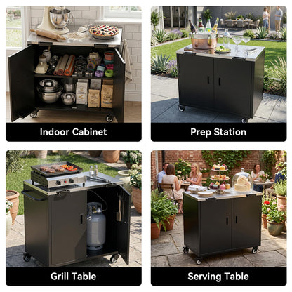 ADREAK Outdoor Grill Table, Movable Grill Cart with Door, Outdoor Grill Stand with Large Capacity ＆ Hooks, 2 Tier Pizza Oven Table for Outdoor Use