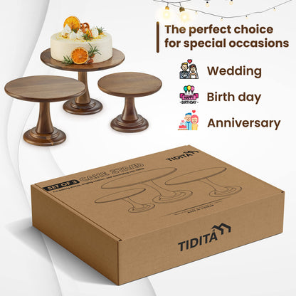 TIDITA Set of 3 Acacia Wood Cake Stand Set – Wooden Rustic Farmhouse Cupcake Stand - Wedding and Birthday Decorating Cake Pedestal Stand - Dessert Display Serving Use at Parties, Restaurants, Birthday