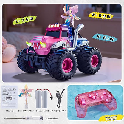 Remote Control Car for Girls Waterproof Pink Monster Truck Toys W/Blocks &amp 360°Spin 1:18 Amphibious RC Cars 4WD All-Terrain Off-Road RC Trucks Birthday Gifts Pool Toys for Kids Age 3-12