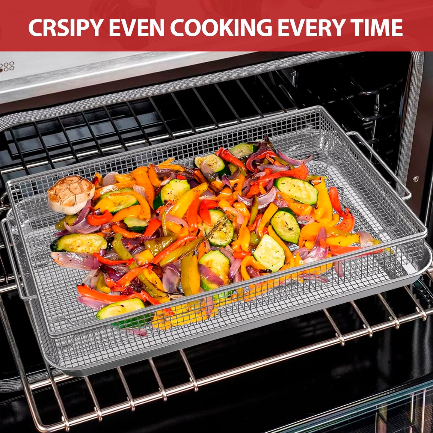 Air Fryer Basket for Oven with 50 Recipes, Extra Large 2 Piece Nonstick Crisper Tray & Basket, Stainless Steel Air Fryer Accessories for Crispy Foods Healthy Cooking, Dishwasher Safe, 16.5” x 12.5”
